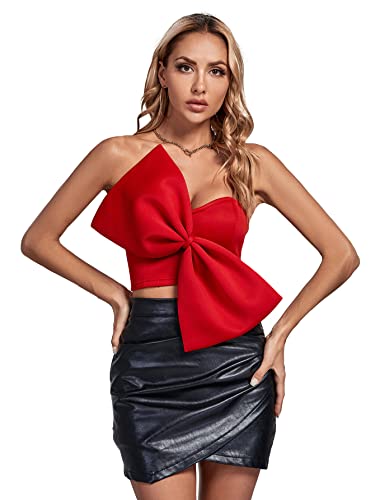 Lyaner Women’s Sexy Sweetheart Neck Bow Sleeveless Crop Tube Tops Strapless Bustier Cami Corset Top Red X-Large #TOP4