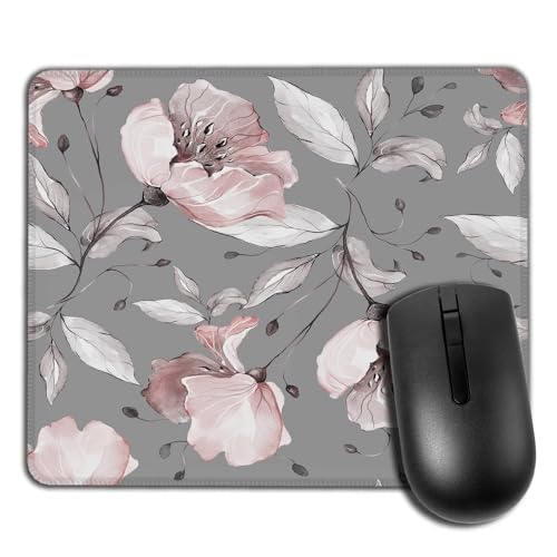 Yeuss Alfombrilla De Ratón Rosa Rectangular Flor Rosa Antideslizante, Patrón De Flores Y Hojas De Primavera Patrón De Tela Floral Alfombrillas De Ratón Flor Rosa, Rosa Gris, 7.87'x9.44'