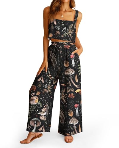 CORAMOON 2 Piece Sets for Women Casual Summer Outfits Womens Crop Top with Wide Leg Pants Lounge Set Matching Travel Vacation Clothes, M - image 1
