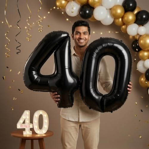 Image of Balloonistics Black 40-Inch Foil Number 40 Balloon with Matching LED Marquee Light - Combo Set for 40th Birthday, Anniversary, Party Decoration, Photo Booth Backdrop