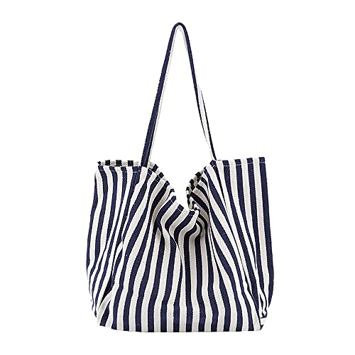 Image of Striped Canvas Tote Handbag for Women Vertical Stripe Large Capacity Shoulder Bag for Shopping Travel