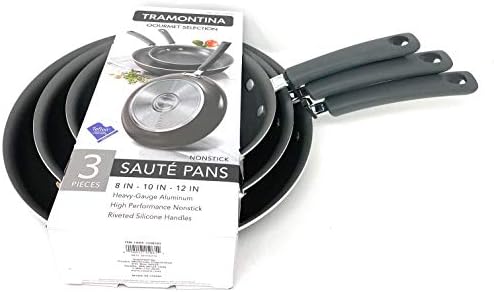 Tramontina Gourmet Selection 3 Piece Set Nonstick Saute Pans (8", 10" & 12") Heavy-Gauge Aluminium High Performance Nonstick Riveted Silicone Handles (Metallic Black)