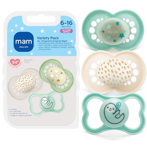 MAM Variety Pack Baby Pacifier, Includes 3 Types of Pacifiers, Nipple Shape Helps Promote Healthy Oral Development, 3 Pack, 6-16 Months, Unisex
