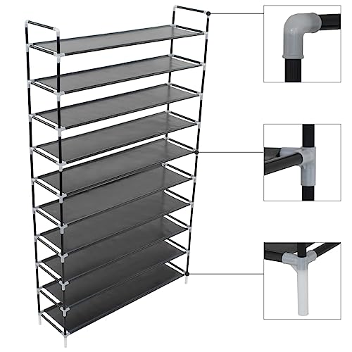 Frdhee Estantería pequeña zapatero para habitaciones, zapatero con 10 estantes de metal y tela no tejida negra, zapatero para pasillo, salón, dormitorio, entrada
