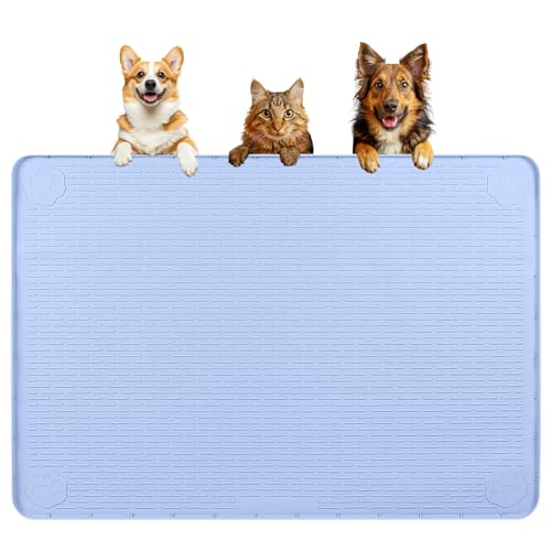 Dog Food Mat, Extra Large 40" x 28" Silicone Pet Feeding Mat with Raised Edge Pet Placemat for Small, Medium, and Large Pets Non-Slip, Easy to Clean (Blue)