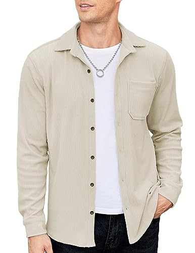 COOFANDY Camisa de sarga para hombre de manga larga, ajuste regular, camisa de ocio con botones, chaqueta con bolsillo frontal, camisa ligera para hombre, chaqueta de invierno, Color caqui claro., XXL