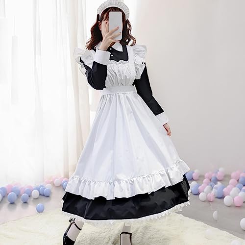 Uillui Japanese Women Maid Outfit Cosplay Costume Victorian Princess Dresses Apron with Headwear Halloween Ren Fair Costumes Black