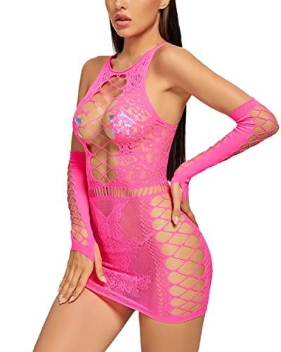 Image of Xs and Os Women's Net Solid Above Knee Babydoll Bodysuit Lingerie