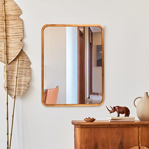JIYUERLTD Rustic Wall Mirror,33"x 25" Rectangular Wooden Framed Mirrors,Decorative Vanity Mirror for Bathroom Entrances Living Room(Brawn)