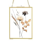 5x7 Gold Floating Picture Frames with Double Glass, Vintage Brass Photo Frame with Metal Chain for Wall Mount, Small Vertical Clear Frame for Artwork Display Gallery Home