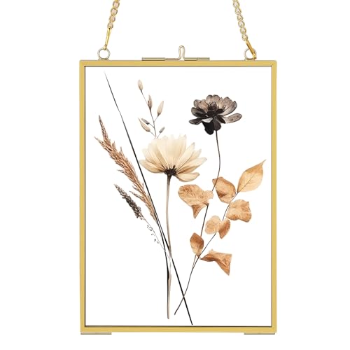 5x7 Gold Floating Picture Frames with Double Glass, Vintage Brass Photo Frame with Metal Chain for Wall Mount, Small Vertical Clear Frame for Artwork Display Gallery Home