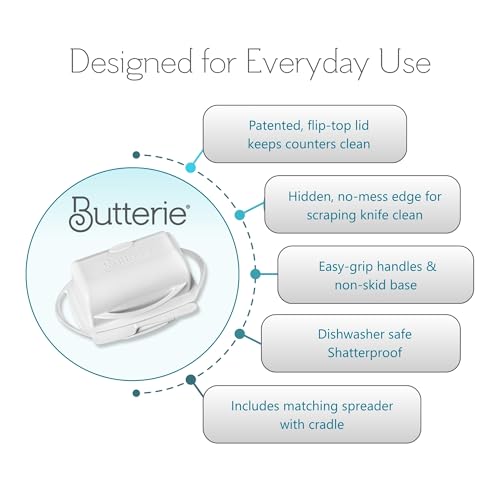 Image of Butterie Flip-Top Butter Dish with Lid & Matching Knife, Holds 2 Sticks /European Butter, No-Mess Butter Holder, Shatterproof, Dishwasher Safe, White (White)