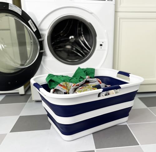 Image of SAMMART 42 (11 Gallons) Collapsible Plastic Laundry Basket, Foldable Pop Up Storage Container /Organizer, Space Saving Hamper, Portable Bin for Dorm Room Bathroom (1, White /Starry Blue)