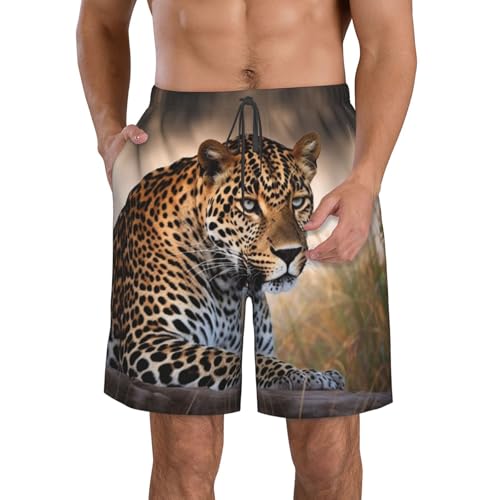 African Animal Leopard Men's Swim Trunks Quick Dry Board Shorts with Pockets Casual Drawstring Beach Shorts
