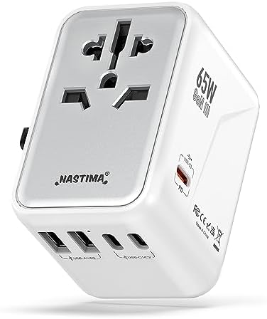 NASTIMA 65W Universal Travel Adapter Worldwide, 3USB-C PD & 2USB-A QC Travel Charger with UK,EU,AU,US Plugs for Laptops Tablets Phones-Adopting GaN III Technology