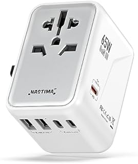 NASTIMA 65W Universal Travel Adapter Worldwide, 3USB-C PD & 2USB-A QC Travel Charger with UK,EU,AU,US Plugs for Laptops Tablets Phones-Adopting GaN III Technology