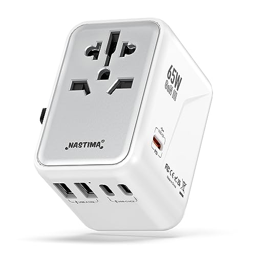 NASTIMA 65W Universal Travel Adapter Worldwide, 3USB-C PD & 2USB-A QC Travel Charger, GaN III Technology for Laptops Tablets Phones with UK,EU,AU,US Plugs (Type G/C/I/A)