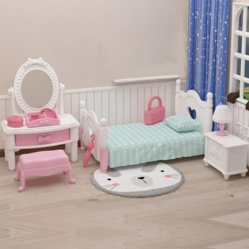 KARLOR Miniatur Möbel Set, 12 Stück Mini Möbel Set Rosa Bett Schminktisch Schrank Nachttisch Lampe Schmuckkästchen, Mini Szene Zubehör 1:12 Deko（Schlafzimmer）