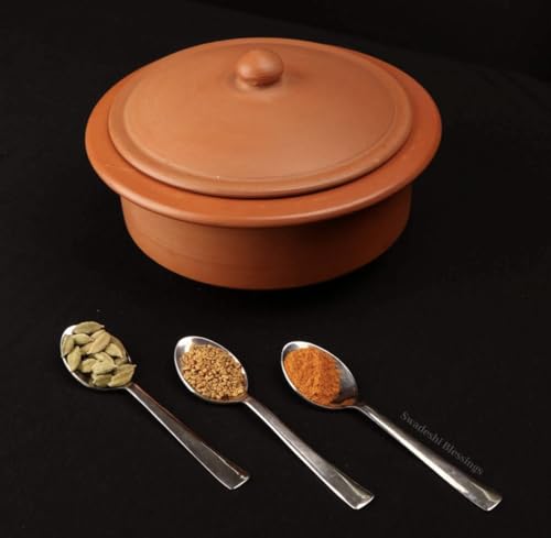Swadeshi Blessings Handmade Exclusive Range Unglazed Clay Handi/Earthen Kadai/Mitti Bhagona/Terracotta Pot with Lid for Cooking & Serving, 2.5Liters (Natural Firing Shade & Mirror Shine) (Red)