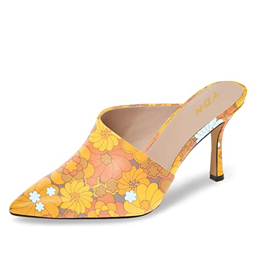 Ydn Women Retro Pointy Toe Half D'orsay Spike Heel Mules Cutout Outside Slip On Slide Sandal Slippers Size 7 Yellow Flower #TOP22
