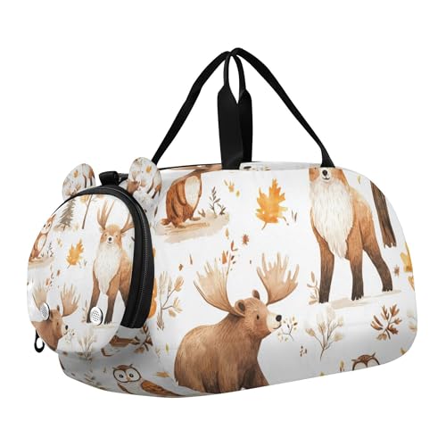 Glaphy Watercolor Bear Moose Duffle Bag for Toddler Boys Girls, Gym Sports Bag with Shoe Compartments, Kids Travel Overnight Weekender Shoulder Bag