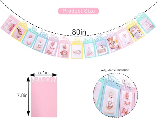 Image of Rainbow Girls 1st Birthday Decorations - Colorful 1 To 12 Months Photo Banner,Newborn Monthly Milestone Photos,Baby Girl First Year Rainbow Themed Photo Banner,Newborn Sweet One Birthday Banner