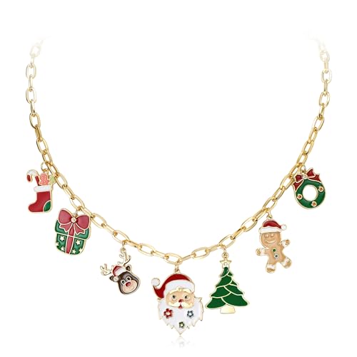 Collier Noël grosse chaîne charms d'hiver sculptés fins flocons bijou de soirée