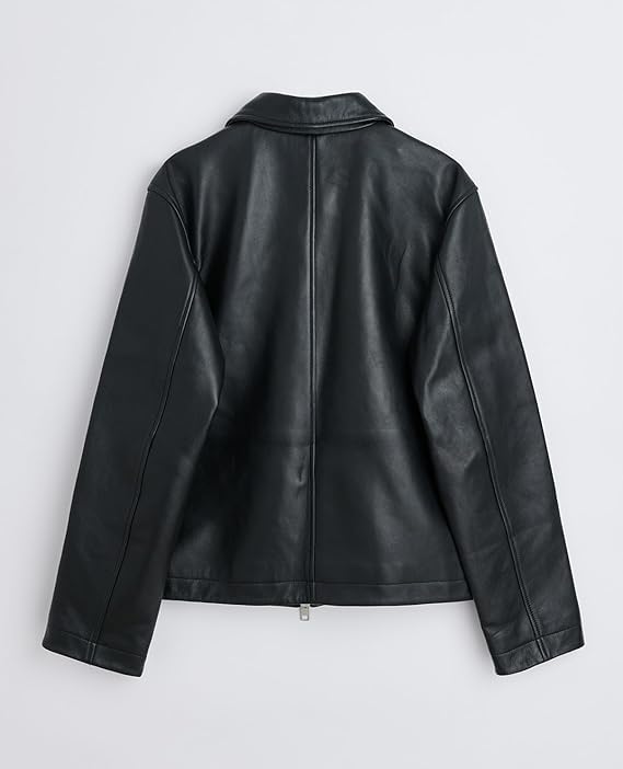 Image of Gigavibe Black Leather Jacket for Men | Collared Zip-Up Classic Style | Crop Fit Racing Sports Bomber Jacket | Regular Fit Jacket for Casual & Biker Wear