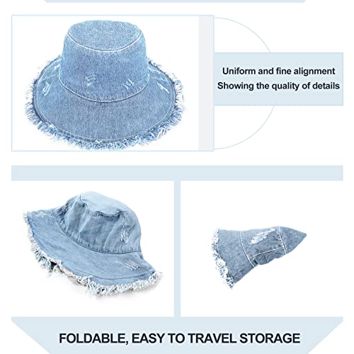Rainflowwer Frayed Bucket Hat For Women, Girls Sky Blue Denim Fabric Hat,Trendy Washed Cotton Floppy Wide Brim Boonie Outdoor Summer Hat #TOP2