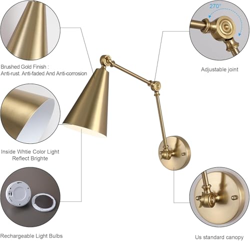 Image of MWZ Gold Battery Operated Swing Arm Wall Sconces Set of 2,Wireless Rechargeable Dimmable 3 Color Wall Light with Remote,Cone Indoor Light Fixture for Bedside,Kitchen,Hallway,Living Room,Reading