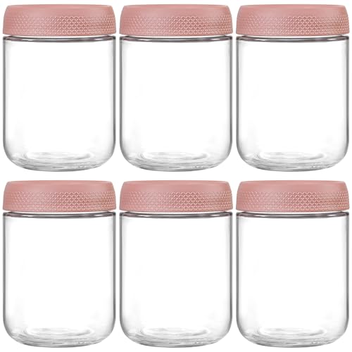 Image of NETANY 6-pack 16oz Glass jars with Airtight Lids, Overnight Oats Containers with Lids, Wide mouth Mason Salad jars, Glass Food Storage Containers for Snacks Yogurt Spice Sugar-Pink