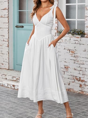 Women's Summer Midi Dress V Neck Casual Flowy A Line Sundress Wedding Guest Long Dresses with Pockets4