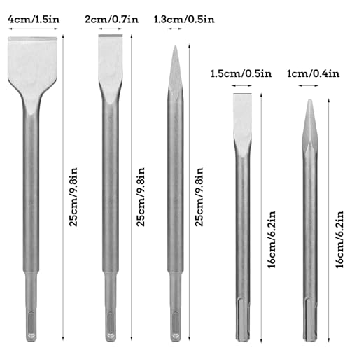 5-Piece SDS Plus Hammer Chisel Set Heavy Duty Steel SDS Drill Bit Set SDS Plus Impact Drill Bit Includes 3 Flat Chiseland 2 Point Chiselfor Concrete Tile Cement Stone Masonry and Other Brick Wall - Image 2