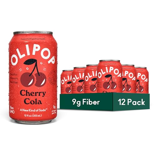 OLIPOP Prebiotic Soda Pop, Cherry Cola, A New Kind of Soda Packed with Prebiotics, Fiber, and Botanicals, Gluten Free, GMO Free, 12oz (12-Cans)