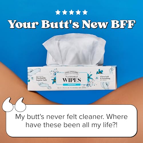 Image of Poo~Pourri Unscented Flushable Wipes - Made with Plant Based Fibers, Aloe, Vitamin E, Chamomile, and Oat Extract - Adult Wet Wipes - 150 count - Septic & Sewer Safe - Fragrance Free Packaging May Vary