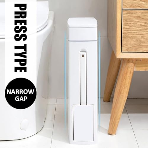 Image of RV Bathroom Trash Can Slim with Toilet Brush, 2L Ultra Slim Plastic Bathroom Trash Can and Brush Toilet Set, White, Space Saving, Indoor Use