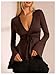 GORGLITTER Women's Lace Babydoll Tops Lace Tie Front Bell Long Sleeve Peplum Top Y2k Deep V Ruffle Going Out T Shirt Brown Small