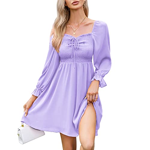 Byinns Women's Drawstring Mini Dress Sweetheart Neckline Smocked Flowy Dress Puff Long Sleeve Ruffle Cute Wedding Guest Dress Purple #TOP29