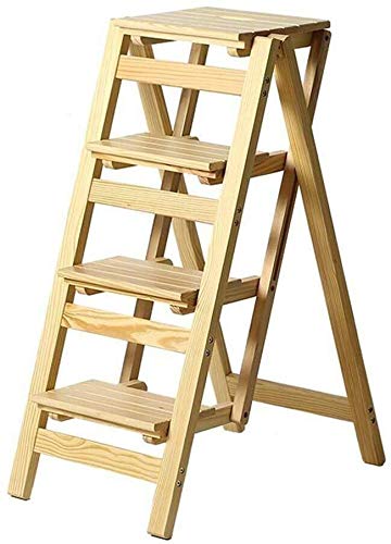 CZ-SQG Folding Chair Stool/ladder With 4 Steps, Household Ladder Made Of Wood, Extended Stool, High Stool, Heavy Garden Implement, Max. 150 Kg, 42 X 68 X 92 Cm (Size : Light Walnut)