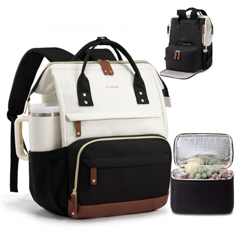 LOVEVOOK Lunch Backpack for Women 15.6 Inch Laptop Backpack with Insulated Lunch Compartment Built-in Cooler Work Bag Wide Open Computer Backpack with Tumbler Holder Water-Resistant Nurse Teacher