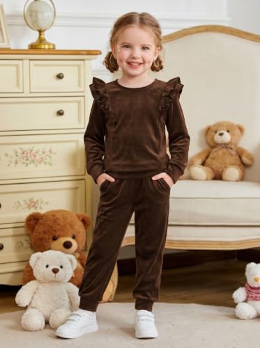 Image of Arshiner Girls 2 Piece Outfits Velour Tracksuit Ruffle Sweatshirt Sweatpant | Cute Clothes, Sweatsuit, Long Sleeve Pullover, Fall Winter Clothing Sets, for 3-10 Years