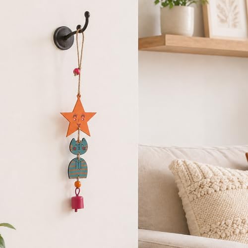 Image of Aakriti Art Creations Turquoise Kitty Wind Chime Multicolor | Handmade Modern Art Wooden & Metal Wind Chime | Matte Decorative Wind Chimes for Balcony, Garden, Living Room & Gifting