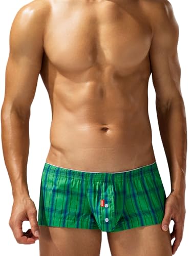 FEOYA Plaid Boxer Briefs with Bulge Pouch for Men Plaid Button Fly Stretch Support Trunks Pajamas Shorts Comfort Breathable Underwear Low Rise U-Convex Underpants Green M