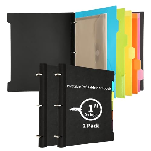 Image of 2 Pcs Pivotable Refillable Notebook, 3 Ring Binder Notebooks 1 Inch, Notebook with Dividers and Pockets, Folder Notebook, Flexible Binder, Soft Binders 3 Ring, Foldable Binder- Black