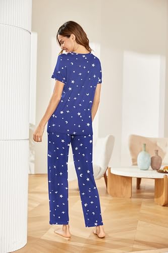 Ekouaer Pajama Set for Women 2 Piece Sleepwear Short Sleeve Pleated Top and Long Pants Soft Pjs Loungewear with Pockets3