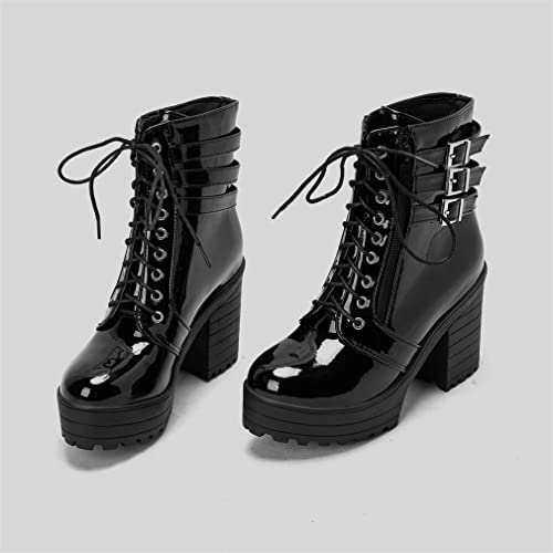 MFairy Womens Fashion Platform Chunky Heel Patent Leather Boots Buckled Ankle High Booties3