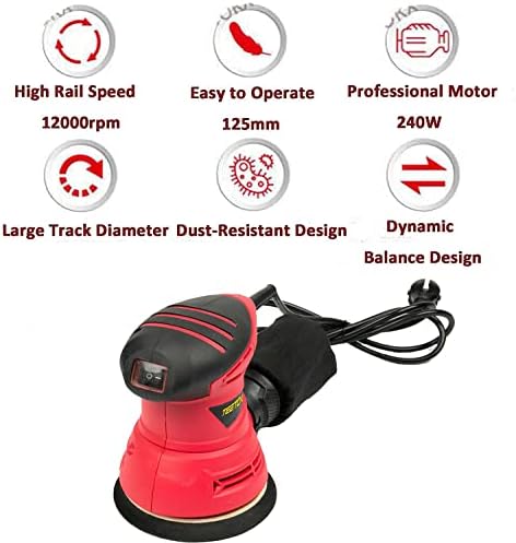 Random Orbital Sander 240W 1200RPM 125mm Sandpapers, 6 Pcs Sandpapers, Dust Collection Bag, 360°Rotating Sanding Base Plate, Electric Sander Ideal for DIY Sanding Polishing Wood