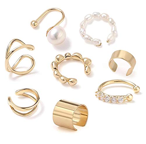 8Pcs Sparkling Ear Cuffs Non-Pierced Ears Gold Ear Cuff Earrings Cartilage Hoop Clip On Hypoallergenic Huggie Earrings Fake Nose Ring for Women Girl Jewelry-gold