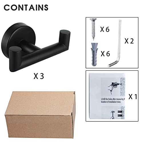 3 Pack Double Towel Hooks For Bathroom Matte Black Wall Mount Robe Hook Double Towel Hook Towel Holder For Kitchen Bathroom Hallway Toilet Pool For Hanging Towels, Robe, Coat, Clothes,Bags, Sponges #TOP5