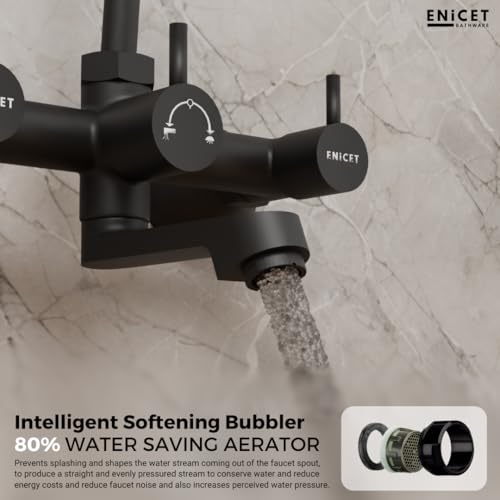 Image of ENICET Brass Wall Mixer with Shower | Matte Black | 190mm Long L Bend Pipe | Wall Mixer for Bathroom | Shower Mixer Set for Bathroom | 7 Year Warranty | Hot and Cold Water Tap (FE121SBlack)